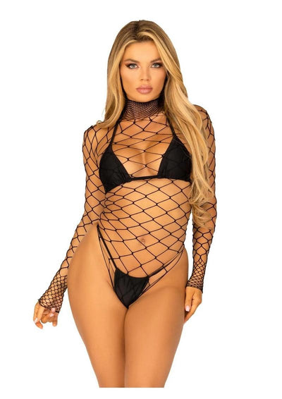 Leg Avenue High Neck Fence Net Long Sleeved Bodysuit with Snap Crotch Thong Panty - Black - One Size