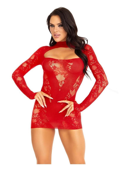 Leg Avenue Lace Keyhole Mini Dress with Opaque Panel Detailing and Gloved Sleeves - Red - One Size