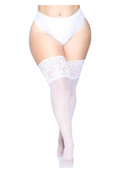 Leg Avenue Lycra Sheer Stay Up Thigh High with 5in Silicone Lace Top - White - Plus Size/Queen