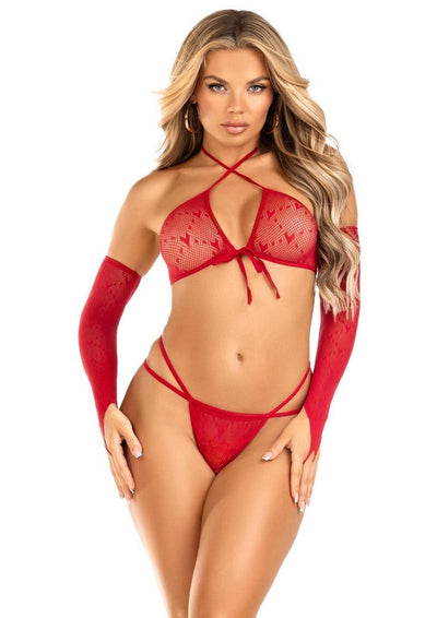 Leg Avenue Mini Heart Net Keyhole Crossover Crop Top, Dual Strap G-String, and Gauntlet Gloves - Red - One Size