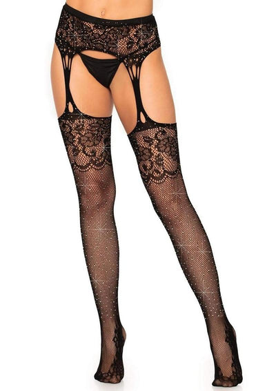 Leg Avenue Rhinestone Lace Top Fishnet Stockings with Lace Foot and Attached Garter Belt - Black - One Size