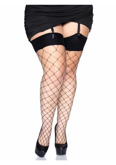 Leg Avenue Spandex Fence Net Stockings with Reinforced Toe and Comfort Wide Band Top - Black - Queen/XLarge/XXLarge