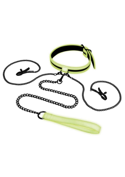 WhipSmart Glow In The Dark Collar with Nipple Clips and Leash - Glow In The Dark/Green