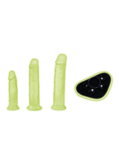 WhipSmart Glow In The Dark Pegging Kit with 6in, 8in and 9in Silicone Dildos - Glow In The Dark/Green - 4 Piece