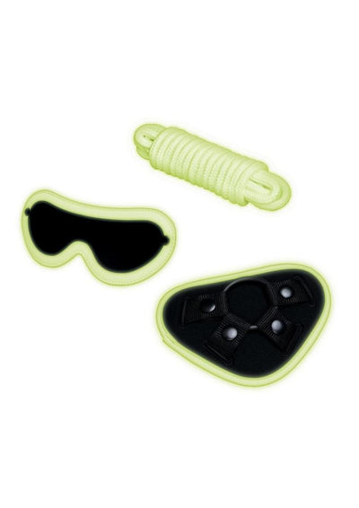 WhipSmart Glow In The Dark Strap-On Harness Set with Eye Mask and Bondage Rope - Glow In The Dark/Green - 4 Piece