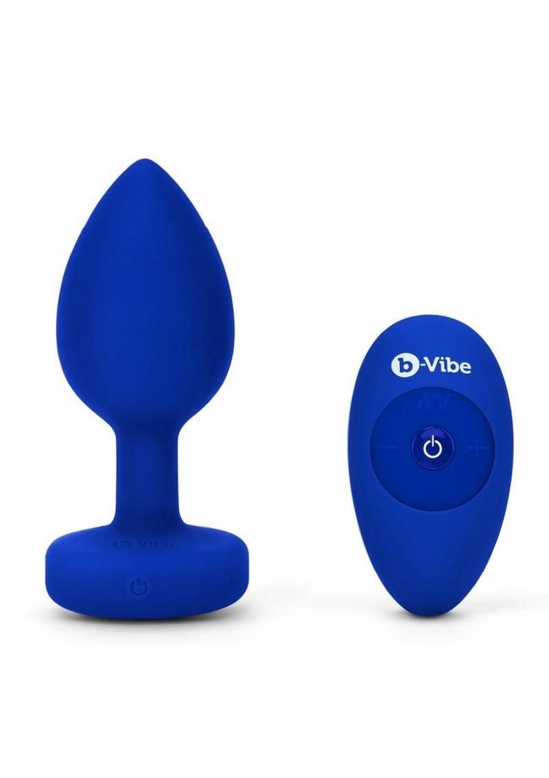 B-Vibe Vibrating Jewel Plug Rechargeable Silicone Anal Plug with Remote - Navy Blue - Large/XLarge