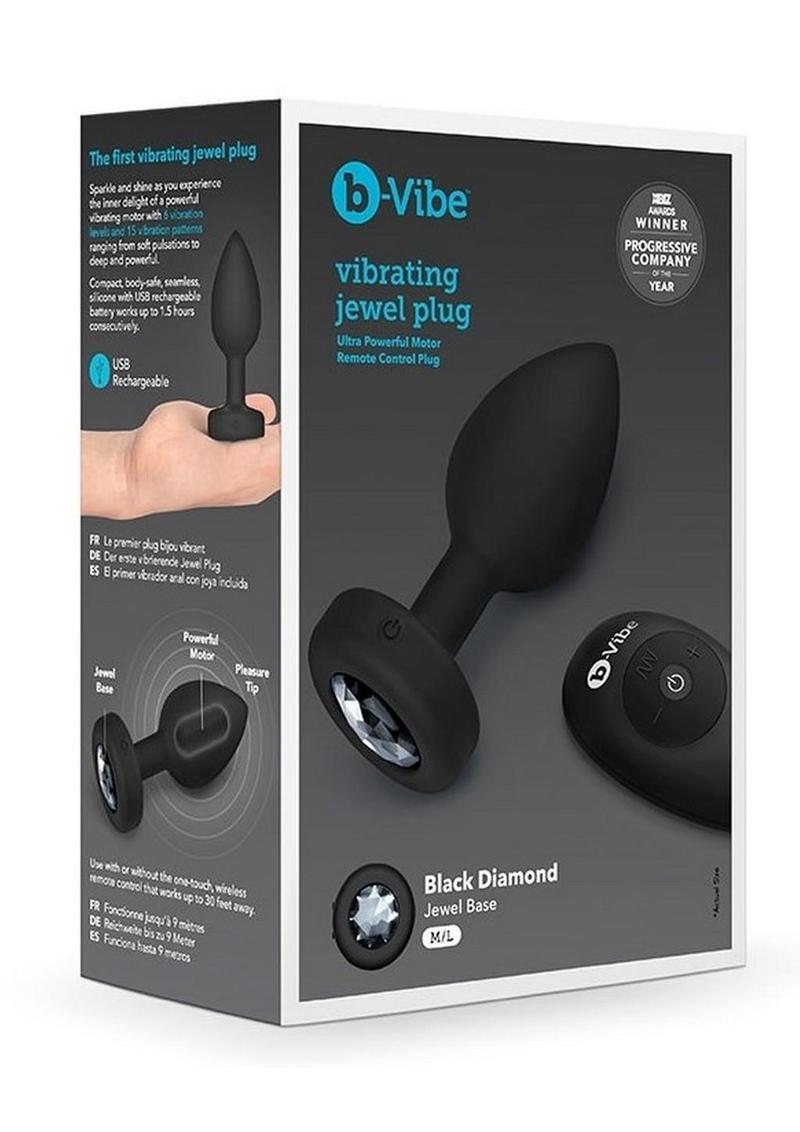 B-Vibe Vibrating Jewel Plug Rechargeable Silicone Anal Plug with Remote - Black - Large/Medium