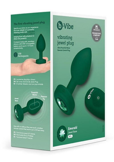 B-Vibe Vibrating Jewel Plug Rechargeable Silicone Anal Plug with Remote - Emerald/Green - Large/Medium