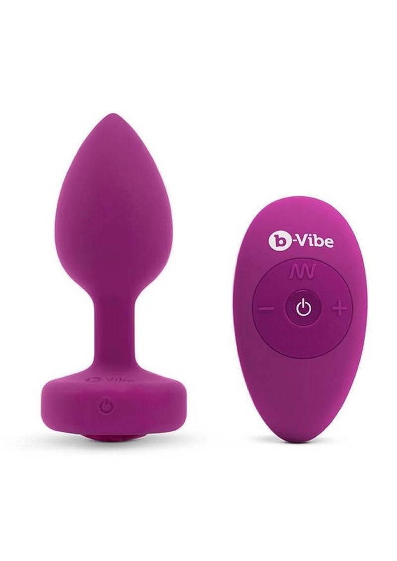 B-Vibe Vibrating Jewel Plug Rechargeable Silicone Anal Plug with Remote - Fuchsia - Medium/Small