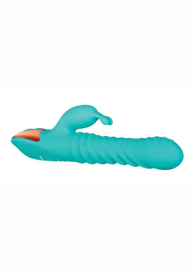 Adam and Eve Heat Me Up Warming Rabbit Thruster Rechargeable Silicone Vibrator - Aqua/Blue