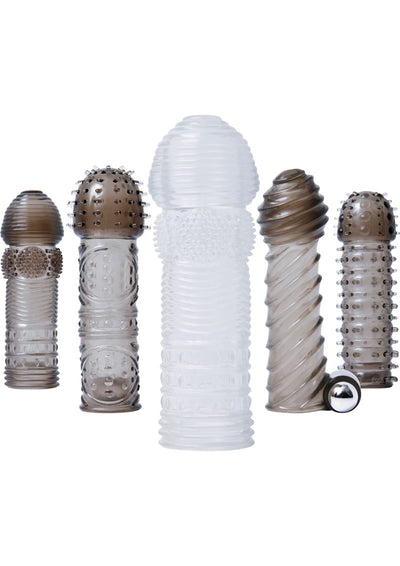 Adam and Eve Vibrating Textured Penis Sleeve and Bullet - Smoke - 6 Piece Kit