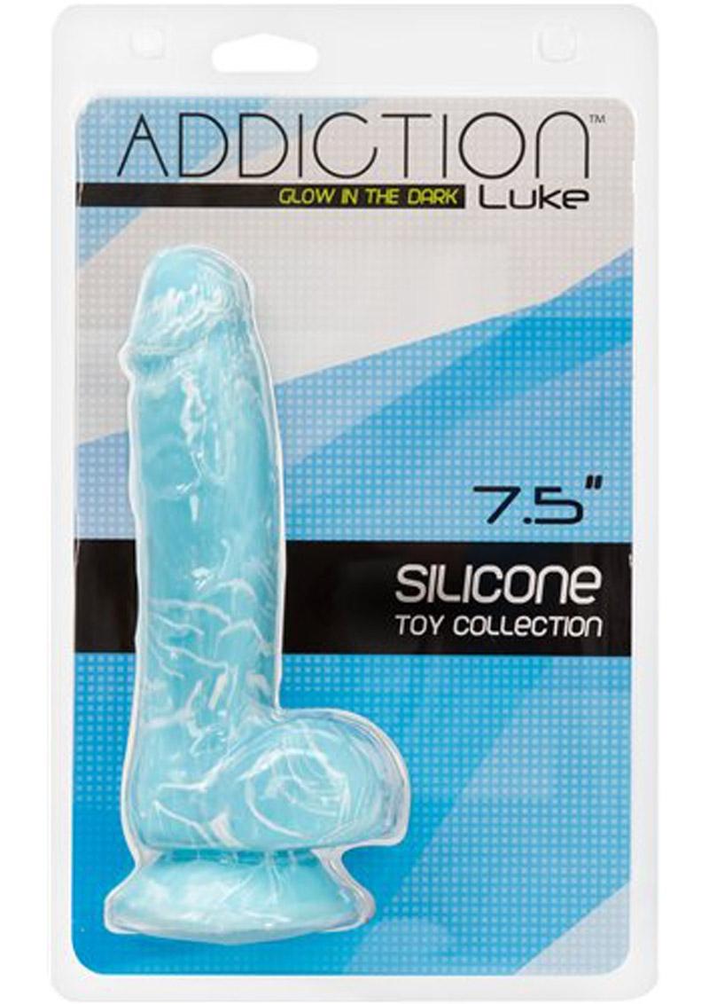 Addiction Toy Collection Luke Silicone Glow In The Dark Dildo with Balls - Blue/Glow In The Dark - 7.5in