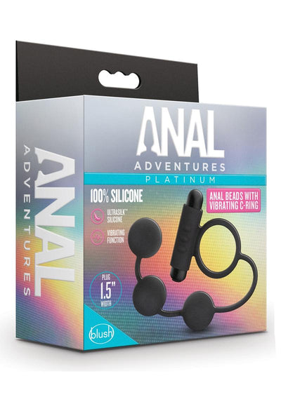 Anal Adventures Platinum Silicone Anal Beads with Vibrating Cock Ring - Black