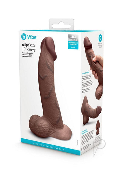 B-Vibe Slipskin Realistic Silicone Curved Dildo - Chocolate - 10in