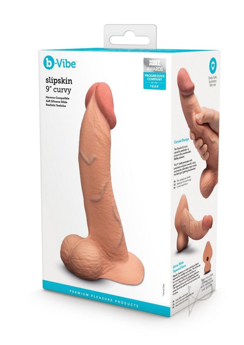 B-Vibe Slipskin Realistic Silicone Curved Dildo - Caramel - 9in