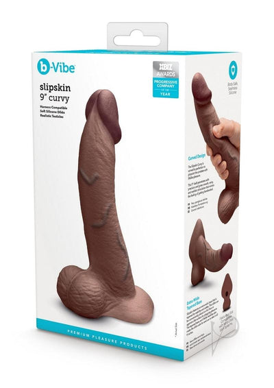 B-Vibe Slipskin Realistic Silicone Curved Dildo - Chocolate - 9in