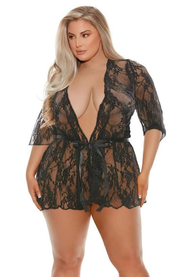 Barely Bare Lace Robe - Black - Plus Size/Queen