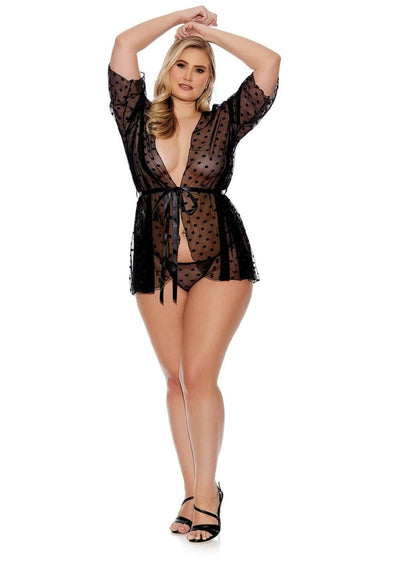 Barely Bare Sheer Polka Dot Robe - Black - Plus Size/Queen