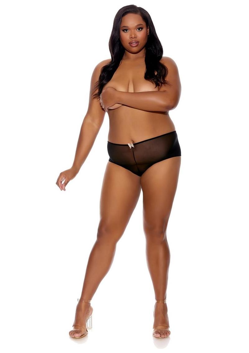 Barely Bare Split Lace Boy Shorts - Black - Plus Size/Queen