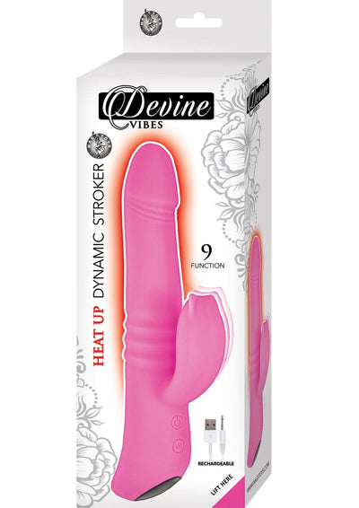 Devine Vibes Heat Up Dynamic Stroker Rechargeable Silicone Thrusting Vibrator - Pink