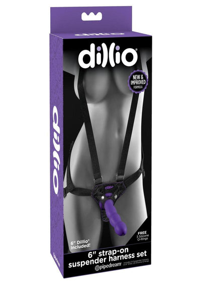 Dillio Strap-On Suspender Harness Set Black with Silicone Dildo - Black/Purple - 6in