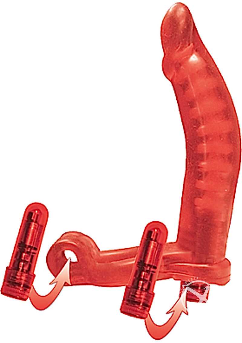 Double Penetrator Ultimate Cock Ring with Vibrating Dildo - Red