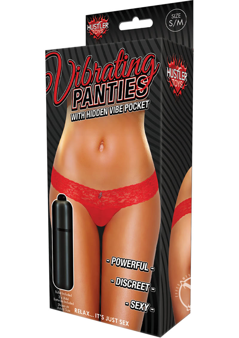 Hustler Toys Vibrating Panties Panty Vibe Lace Thong with Hidden Vibe Pocket - Red - Medium/Small