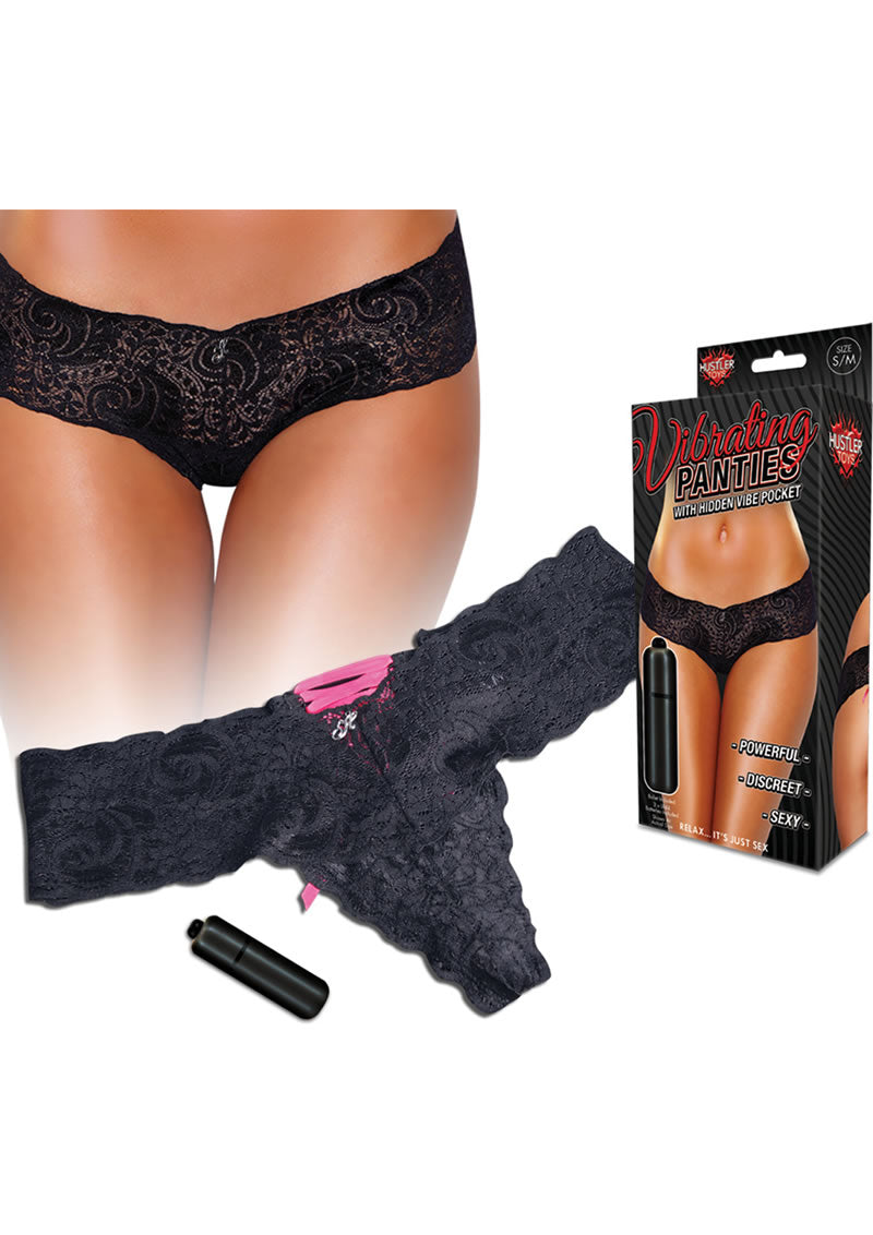 Hustler Toys Vibrating Panties Panty Vibe Lace Up Back Thong with Hidden Vibe Pocket - Black - Large/Medium