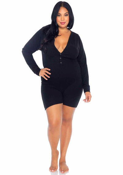 Leg Avenue Brushed Rib Romper Long Johns with Cheeky Snap Closure Back Flap