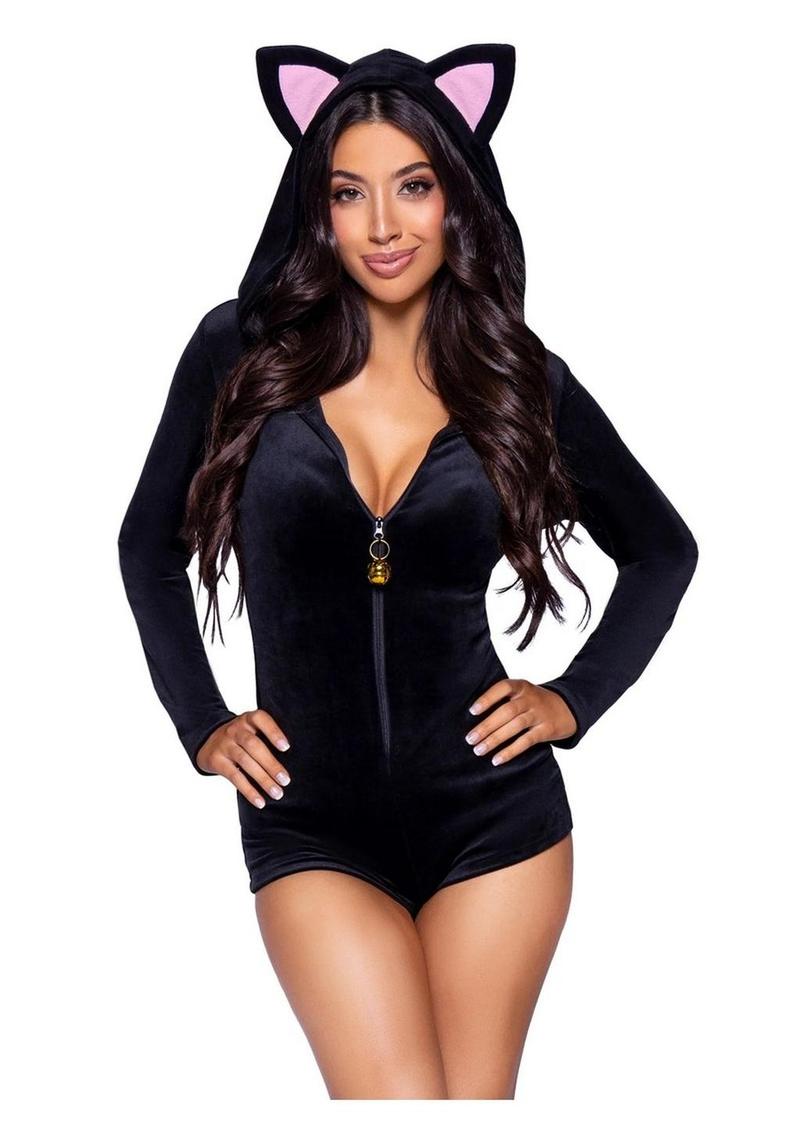 Leg Avenue Comfy Cat Ultra-Soft Velvet Plush Zip Up Romper with Bell Zipper Pull, Ear Hood, and Kitty Tail - Black - Small