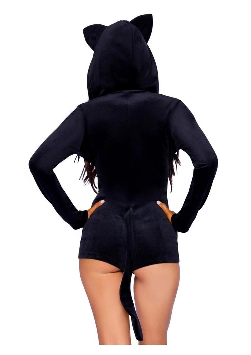 Leg Avenue Comfy Cat Ultra-Soft Velvet Plush Zip Up Romper with Bell Zipper Pull, Ear Hood, and Kitty Tail