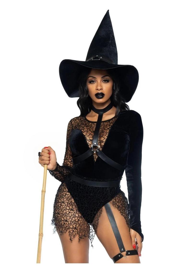 Leg Avenue Crafty Witch Snap Crotch Velvet Bodysuit with Distressed Net and Attached Garter, Choker Body Harness, and Matching Velvet Witch Hat - Black - Large - 3 Piece