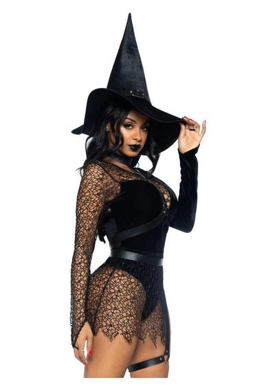 Leg Avenue Crafty Witch Snap Crotch Velvet Bodysuit with Distressed Net and Attached Garter, Choker Body Harness, and Matching Velvet Witch Hat - Black - Small - 3 Piece