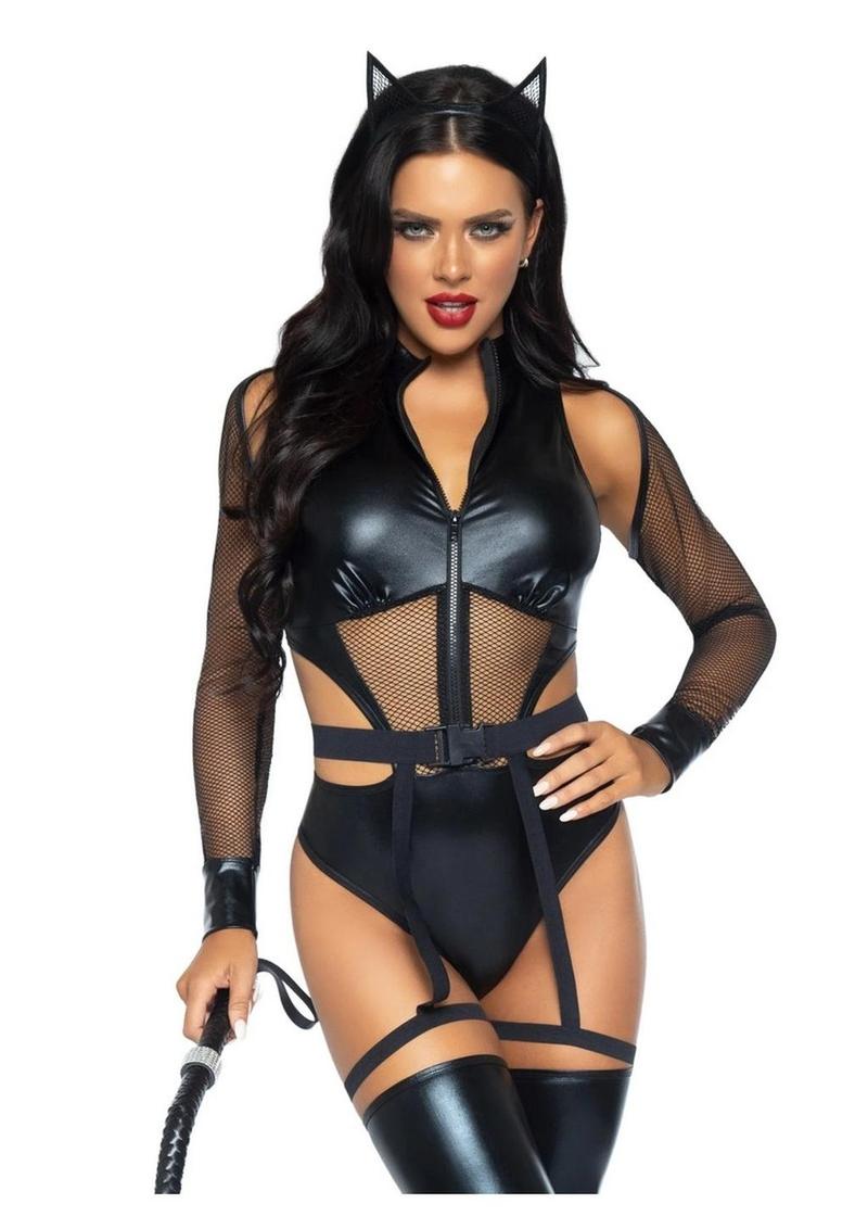 Leg Avenue Criminal Kitty Cut-Out Zip Up Bodysuit with Snap Crotch, Belt with Attached Garters, and Cat Ear Headband - Black - Small - 3 Piece