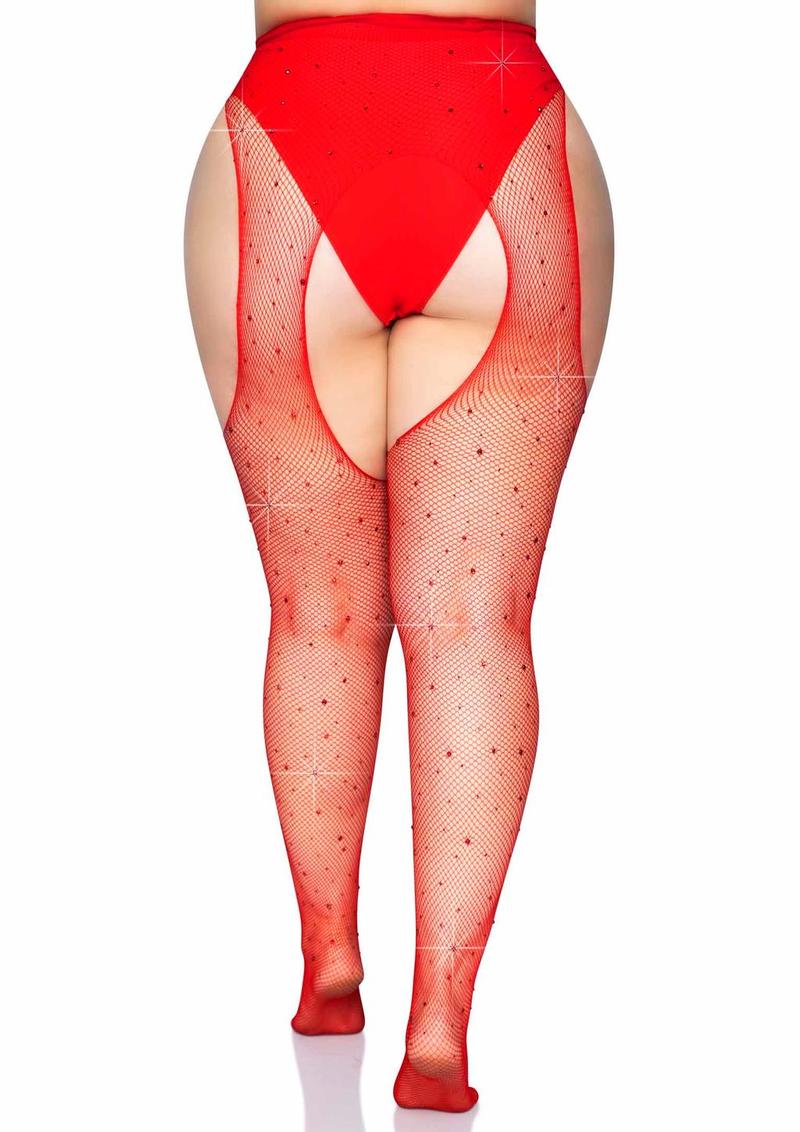 Leg Avenue Crystalized Fishnet Suspender Pantyhose - Red - Queen/XLarge/XXLarge