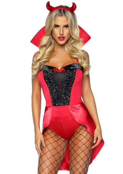 Leg Avenue Devilish Darling Tux and Tails Bodysuit with Stay Up Collar, Pin-On Devil Tail, and Sequin Devil Horn Headband - Red - Medium - 3 Piece