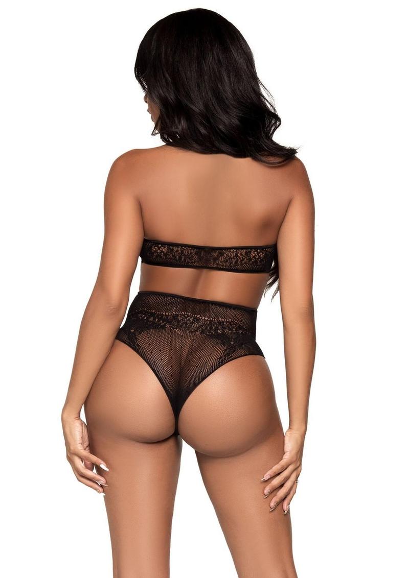 Leg Avenue Dotted Net Keyhole Halter Crop Top with Lace Accents and High Waist Thong Panty - Black - One Size - 2 Pieces