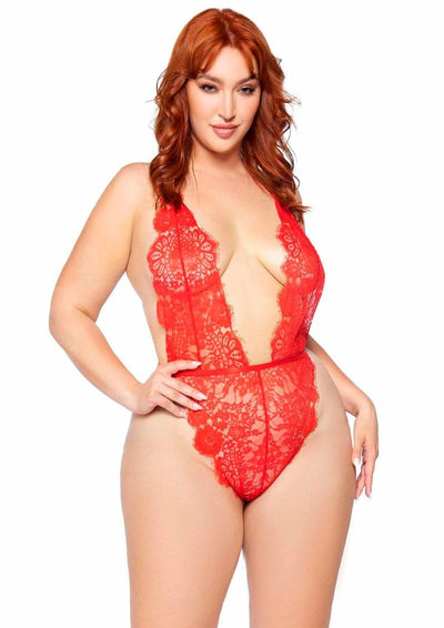 Leg Avenue Floral Lace Teddy with Adjustable Straps and Cheeky Thong Back, Matching Lace Robe with Scalloped Trim and Satin Tie