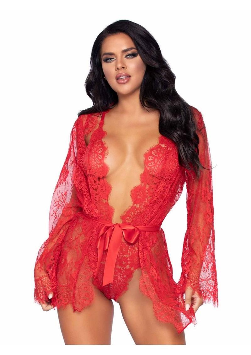 Leg Avenue Floral Lace Teddy with Adjustable Straps and Cheeky Thong Back Matching Lace Robe with Scalloped Trim and Satin Tie - Red - Large