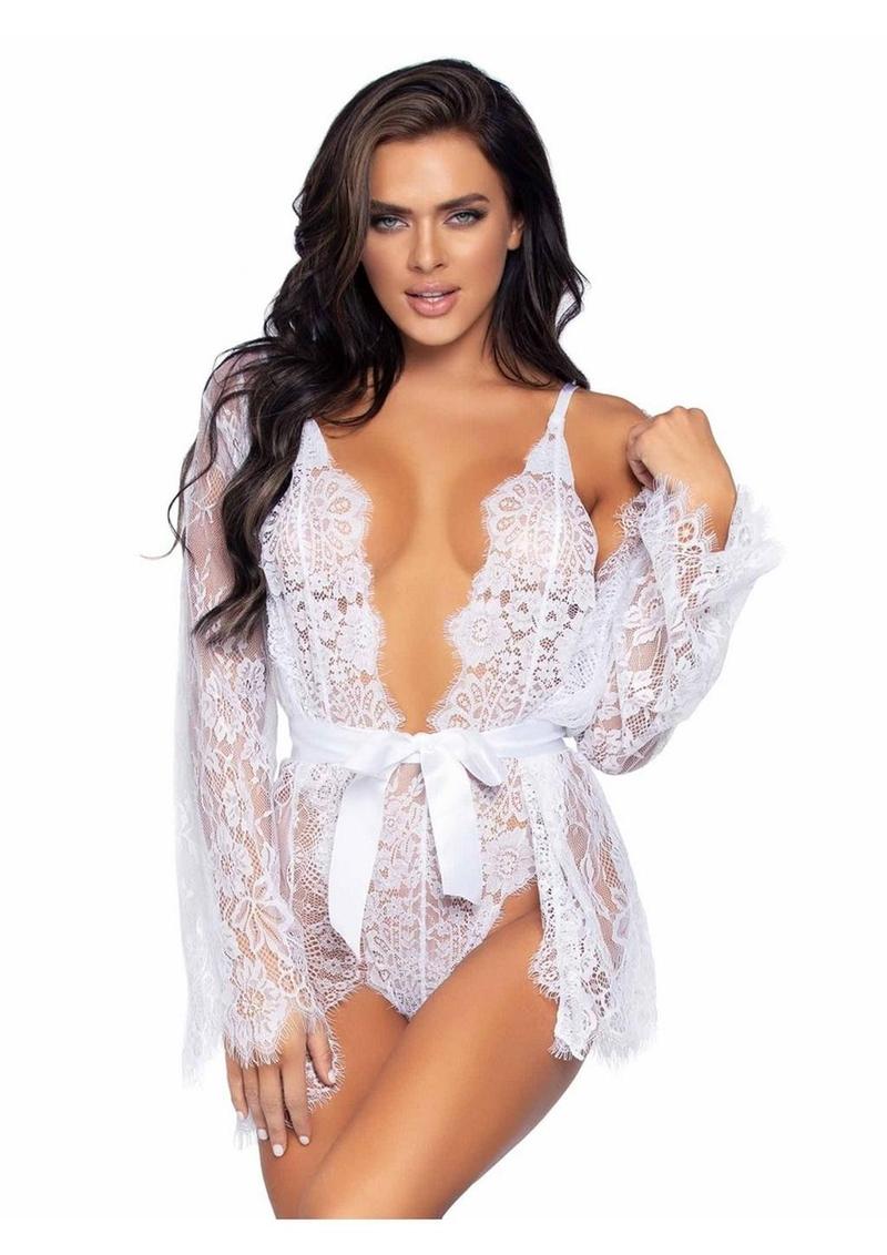 Leg Avenue Floral Lace Teddy with Adjustable Straps and Cheeky Thong Back Matching Lace Robe with Scalloped Trim and Satin Tie - White - Medium