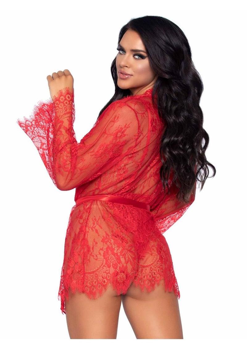 Leg Avenue Floral Lace Teddy with Adjustable Straps and Cheeky Thong Back Matching Lace Robe with Scalloped Trim and Satin Tie