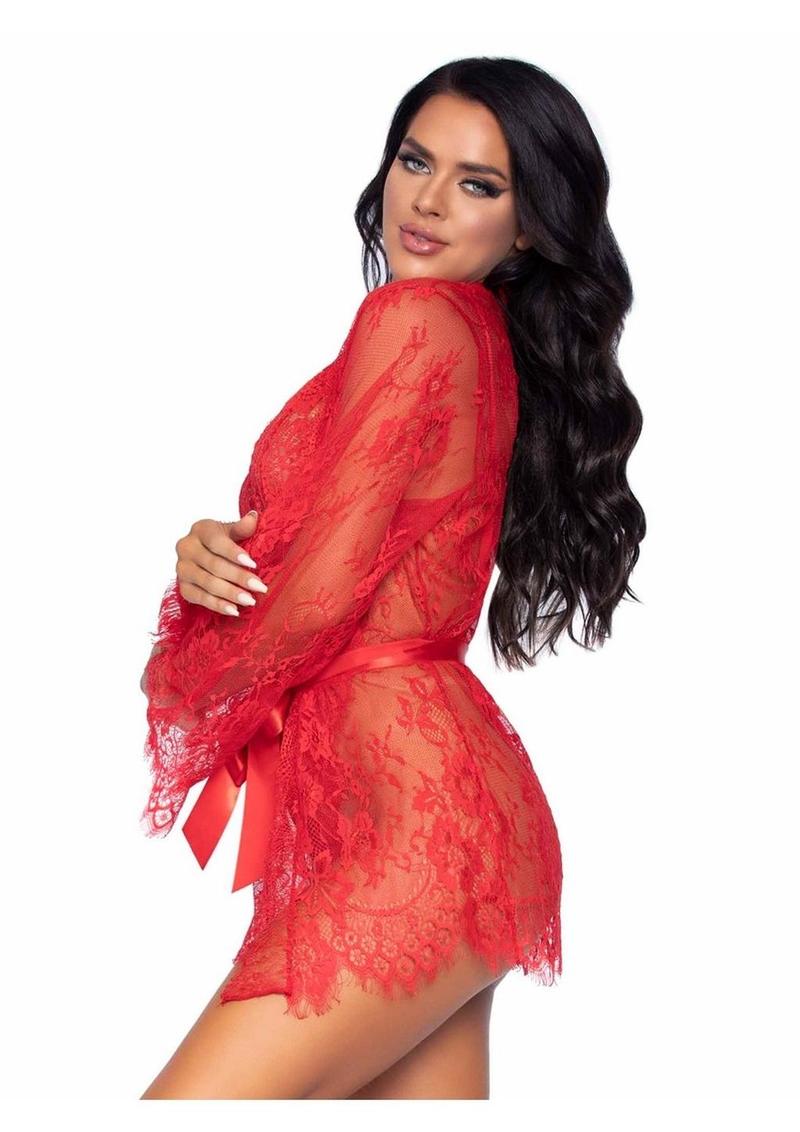 Leg Avenue Floral Lace Teddy with Adjustable Straps and Cheeky Thong Back Matching Lace Robe with Scalloped Trim and Satin Tie