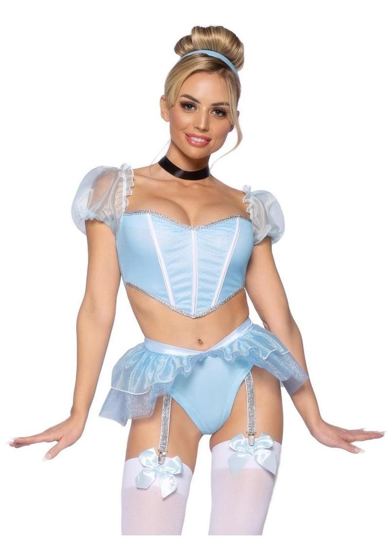 Leg Avenue Glass Slipper Cinderella Boned Sweetheart Crop Top with Organza Sleeves, Garter Panty with Shimmer Sheer Skirt, Ribbon Choker, and Matching Hair Band - Blue - Small - 4 Piece