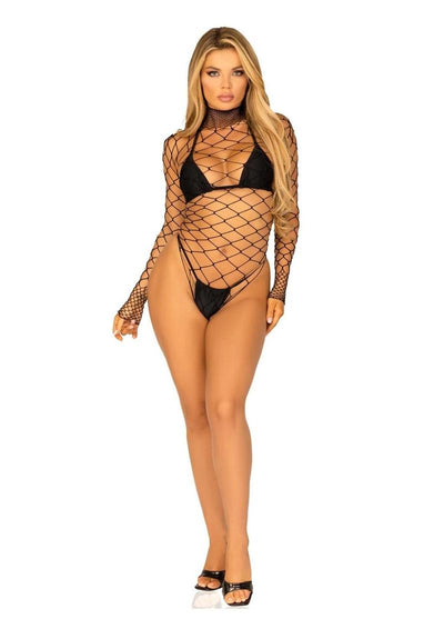 Leg Avenue High Neck Fence Net Long Sleeved Bodysuit with Snap Crotch Thong Panty - Black - One Size