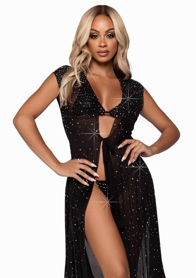 Leg Avenue Iridescent Rhinestone Floor Length Robe - Black - One Size