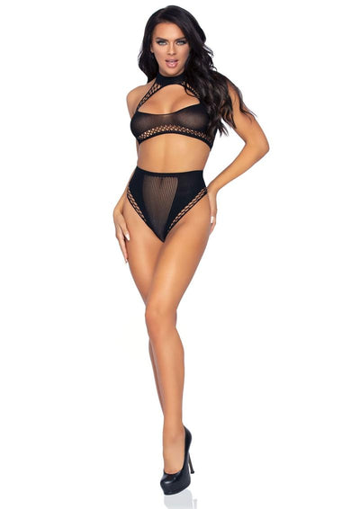 Leg Avenue Keyhole Net Halter Crop Top and High Waist Bottoms - Black - One Size - 2 Piece