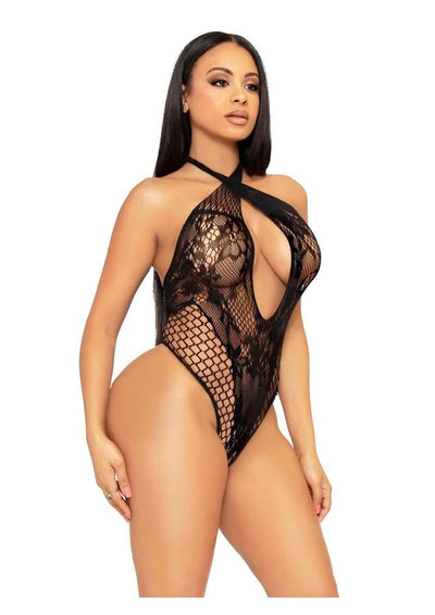 Leg Avenue Lace and Net Keyhole Crossover Halter Teddy - Black - One Size