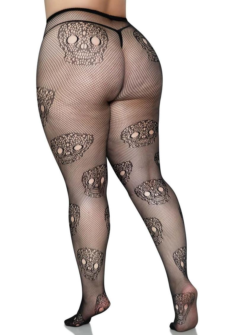 Leg Avenue Lace Skull Fishnet Tights - Black - Queen/XLarge/XXLarge