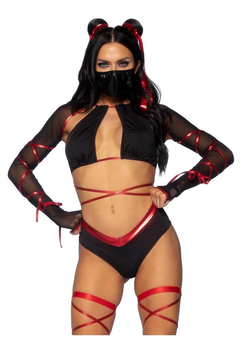 Leg Avenue Lethal Ninja Strappy Wrap-Around Bra Top with Attached Mesh Gloved Shrug, V-Cut Bottoms, Leg Wraps, Face Mask, and Matching Hair Ties - Black/Red - Medium - 5 Piece