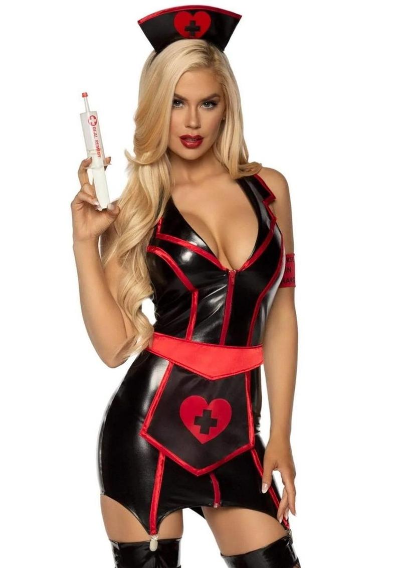 Leg Avenue Naughty Nurse Zip Up Wet Look Garter Dress, Heart Apron, Arm Band, and Head - Black/Red - Small - 4 Piece/Piece